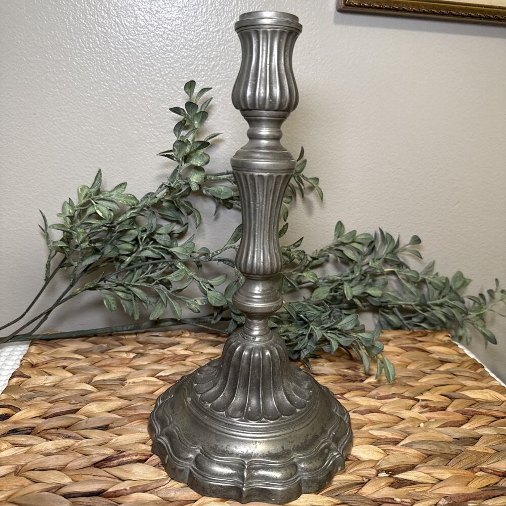 Ornate Heavy Cast Metal Candlestick 11” Fluted Scalloped Base Silver Tone Vtg